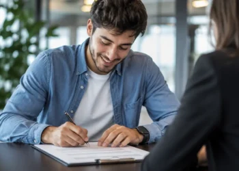 Giovane lavoratore firma un contratto di assunzione seduto alla scrivania di un ufficio moderno, durante un incontro con un responsabile delle risorse umane