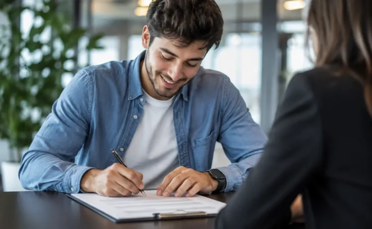 Giovane lavoratore firma un contratto di assunzione seduto alla scrivania di un ufficio moderno, durante un incontro con un responsabile delle risorse umane