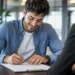 Giovane lavoratore firma un contratto di assunzione seduto alla scrivania di un ufficio moderno, durante un incontro con un responsabile delle risorse umane