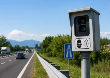 Autovelox installato a bordo di una strada extraurbana mentre controlla la velocità dei veicoli in transito