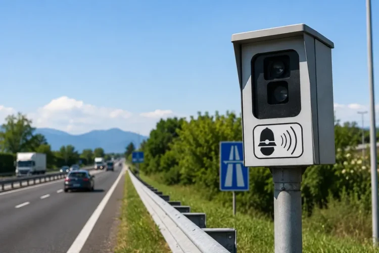 Autovelox installato a bordo di una strada extraurbana mentre controlla la velocità dei veicoli in transito
