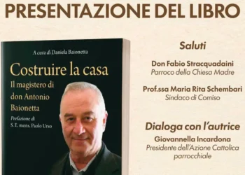 Locandina della presentazione del libro "Costruire la casa. Il magistero di don Antonio Baionetta", in programma alla chiesa di San Biagio a Comiso con Daniela Baionetta, il sindaco Maria Rita Schembari, don Fabio Stracquadaini e Giovannella Incardona