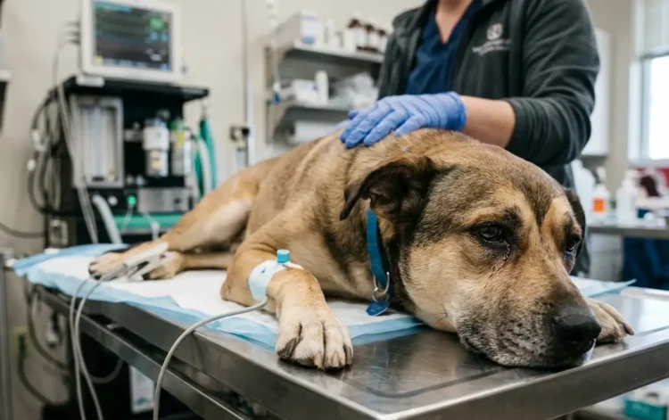 Cane meticcio ricoverato in clinica veterinaria dopo un grave trauma