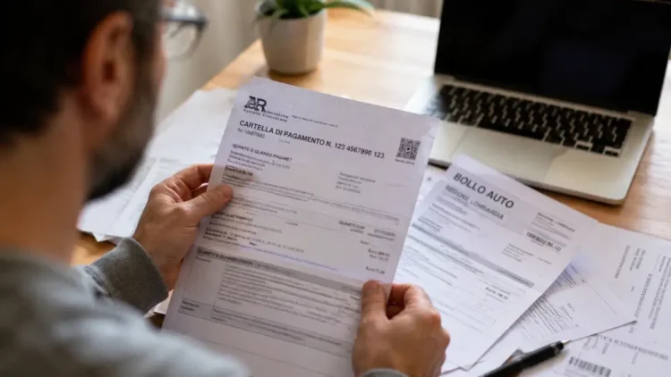 Automobilista consulta una cartella del bollo auto con documenti fiscali su una scrivania.