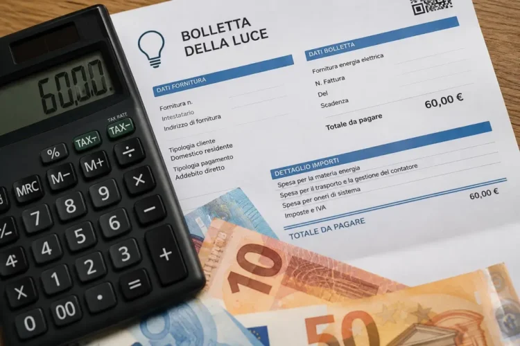 Calcolatrice, bolletta della luce e banconote in euro su un tavolo, immagine rappresentativa del bonus bollette 2026 fino a 60 euro