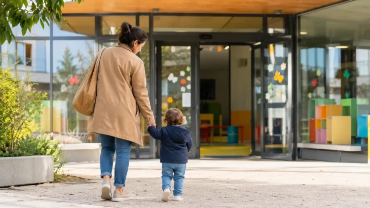 Genitore accompagna un bambino all'ingresso di un asilo nido in una mattina di sole