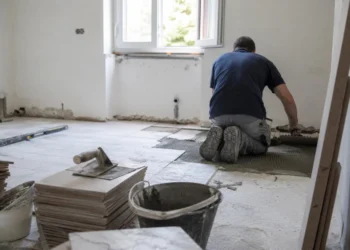 Operaio posa nuove piastrelle durante la ristrutturazione di un'abitazione.
