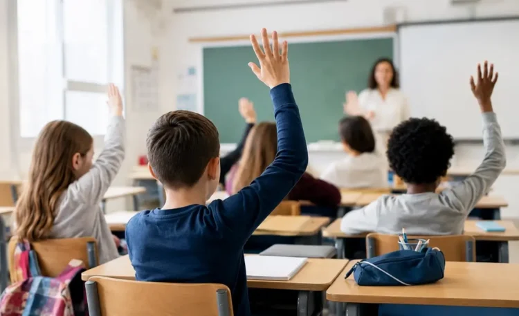 Studenti in aula durante una lezione con la mano alzata, immagine utilizzata per illustrare il bonus 2026 destinato alle famiglie con figli iscritti alle scuole paritarie