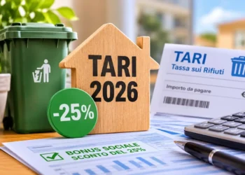 Documenti relativi alla Tari 2026 con simbolo di sconto del 25%, calcolatrice e contenitore per la raccolta dei rifiuti, a rappresentare il bonus sociale rifiuti destinato alle famiglie aventi diritto