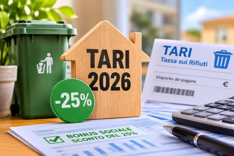Documenti relativi alla Tari 2026 con simbolo di sconto del 25%, calcolatrice e contenitore per la raccolta dei rifiuti, a rappresentare il bonus sociale rifiuti destinato alle famiglie aventi diritto
