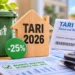Documenti relativi alla Tari 2026 con simbolo di sconto del 25%, calcolatrice e contenitore per la raccolta dei rifiuti, a rappresentare il bonus sociale rifiuti destinato alle famiglie aventi diritto