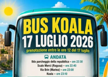 Discobus per la serata del 17 luglio 2026 al Koala con indicazione della scadenza per la prenotazione entro le ore 12 e degli orari di andata da Ibla, Scalo Merci e Marina di Ragusa