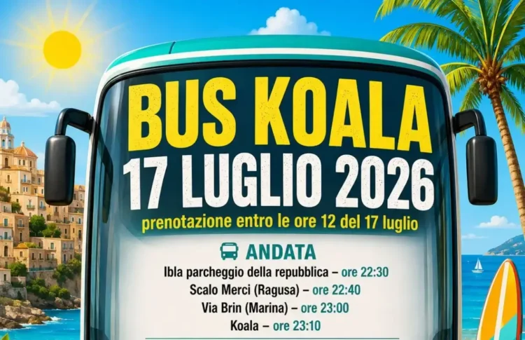 Discobus per la serata del 17 luglio 2026 al Koala con indicazione della scadenza per la prenotazione entro le ore 12 e degli orari di andata da Ibla, Scalo Merci e Marina di Ragusa