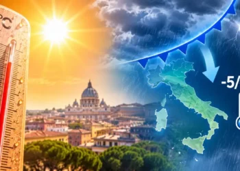 Illustrazione del cambiamento del meteo in Italia: da un intenso caldo estivo con temperature fino a 45 gradi all'arrivo di aria più fresca, temporali e un calo delle temperature di 5-6 gradi.