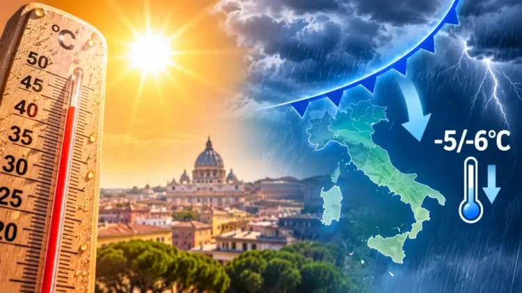 Illustrazione del cambiamento del meteo in Italia: da un intenso caldo estivo con temperature fino a 45 gradi all'arrivo di aria più fresca, temporali e un calo delle temperature di 5-6 gradi.