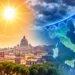 Illustrazione del cambiamento del meteo in Italia: da un intenso caldo estivo con temperature fino a 45 gradi all'arrivo di aria più fresca, temporali e un calo delle temperature di 5-6 gradi.