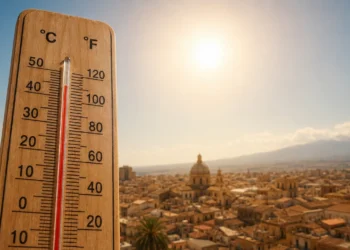 Primo piano di un termometro con temperature elevate davanti al panorama di una città siciliana illuminata dal sole, a rappresentare l'ondata di caldo estremo