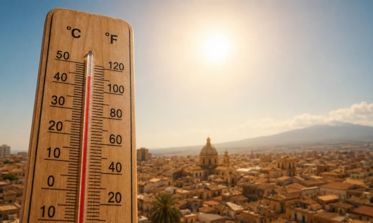 Primo piano di un termometro con temperature elevate davanti al panorama di una città siciliana illuminata dal sole, a rappresentare l'ondata di caldo estremo