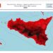 Mappa della Sicilia diffusa dal Centro Funzionale Decentrato Idro della Protezione civile regionale che mostra la distribuzione delle temperature, con le aree più calde concentrate nel centro-sud dell'isola e valori superiori ai 45°C.