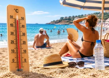 Termometro oltre i 45 °C su una spiaggia siciliana con bagnanti di spalle durante un'intensa ondata di caldo.