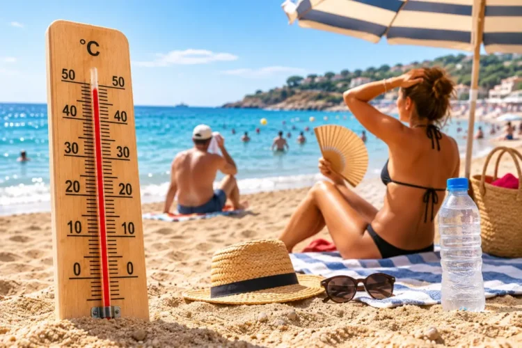 Termometro oltre i 45 °C su una spiaggia siciliana con bagnanti di spalle durante un'intensa ondata di caldo.