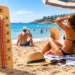 Termometro oltre i 45 °C su una spiaggia siciliana con bagnanti di spalle durante un'intensa ondata di caldo.