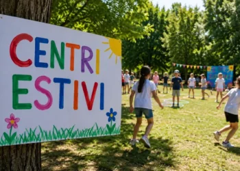 Bambini partecipano ad attività all'aperto durante un centro estivo in un parco, con un cartello colorato "Centri Estivi" in primo piano.
