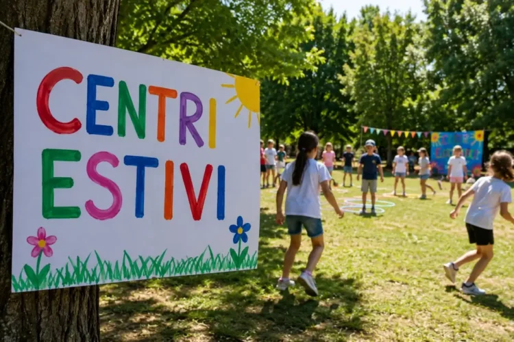 Bambini partecipano ad attività all'aperto durante un centro estivo in un parco, con un cartello colorato "Centri Estivi" in primo piano.