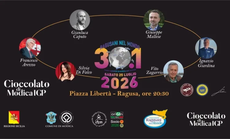 Locandina "Ragusani nel Mondo 2026" con i sei premiati e il logo Cioccolato di Modica IGP, Piazza Libertà Ragusa