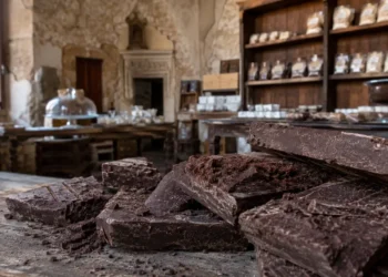 Tavolette di cioccolato di Modica artigianale su superficie in legno in una bottega storica iblea.