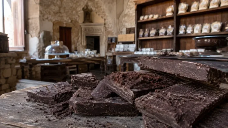 Tavolette di cioccolato di Modica artigianale su superficie in legno in una bottega storica iblea.