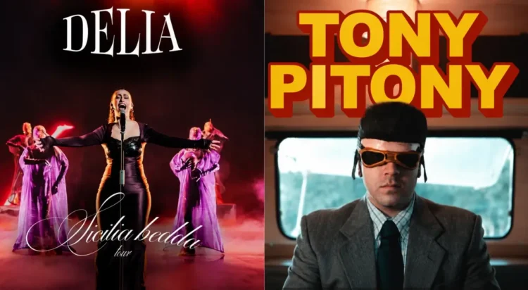 Locandina dei concerti a Ragusa: a sinistra Delia sul palco del Sicilia Bedda Tour, a destra il cantante Tony Pitony