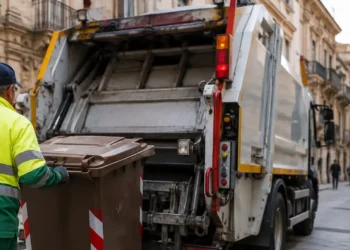 Operatore ecologico in gilet giallo-verde carica un bidone marrone su un camion della raccolta rifiuti in una via del centro storico