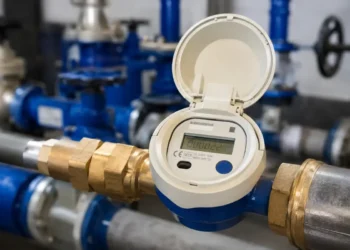 Contatore idrico digitale installato su una rete di distribuzione dell'acqua, simbolo degli interventi di telecontrollo e della modernizzazione delle infrastrutture idriche previsti nella provincia di Ragusa