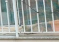 Balcone con rete di protezione e inferriata metallica, luogo dove è stato segnalato un cucciolo di Husky lasciato all’esterno.