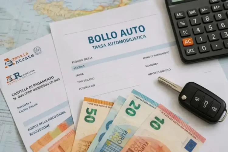 Bollo auto Regione Sicilia, cartella di pagamento Agenzia delle Entrate e banconote in euro su una mappa.