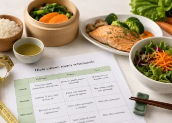 Piatto con salmone, riso, verdure al vapore e insalata accanto a un menù della dieta cinese, simbolo di un'alimentazione equilibrata ispirata alla tradizione orientale