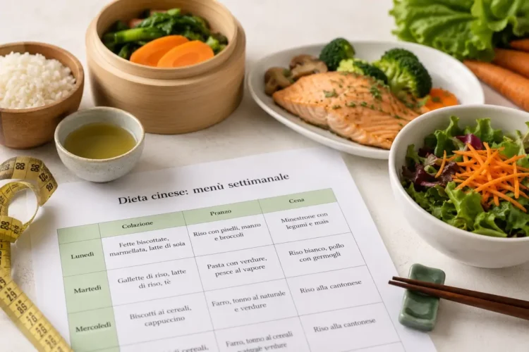 Piatto con salmone, riso, verdure al vapore e insalata accanto a un menù della dieta cinese, simbolo di un'alimentazione equilibrata ispirata alla tradizione orientale