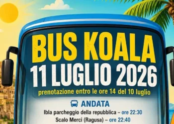 Locandina del discobus gratuito per il Koala in programma l'11 luglio 2026 con indicazione di data, orari del servizio e fermate previste a Ragusa e Marina di Ragusa
