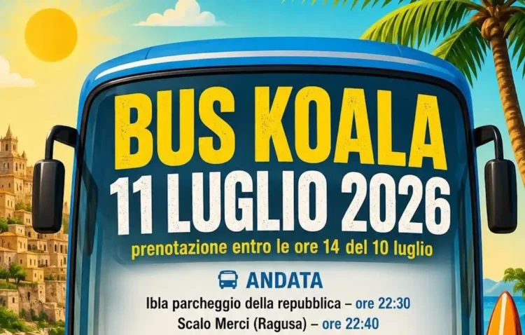 Locandina del discobus gratuito per il Koala in programma l'11 luglio 2026 con indicazione di data, orari del servizio e fermate previste a Ragusa e Marina di Ragusa