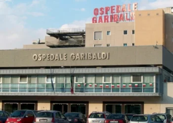Facciata dell'ospedale Garibaldi Nesima di Catania con insegna e parcheggio antistante