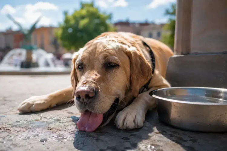 Cane sdraiato all'ombra con una ciotola d'acqua durante una giornata di caldo intenso, immagine che richiama l'emergenza caldo e la tutela degli animali.