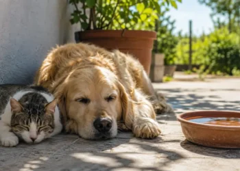 Un cane e un gatto riposano all'ombra accanto a una ciotola d'acqua per proteggersi dal caldo estivo