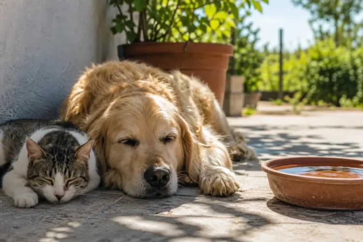 Un cane e un gatto riposano all'ombra accanto a una ciotola d'acqua per proteggersi dal caldo estivo