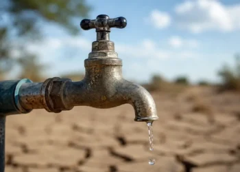 Primo piano di un rubinetto esterno da cui cade una sola goccia d'acqua, con il terreno arido e screpolato sullo sfondo, a rappresentare l'emergenza idrica