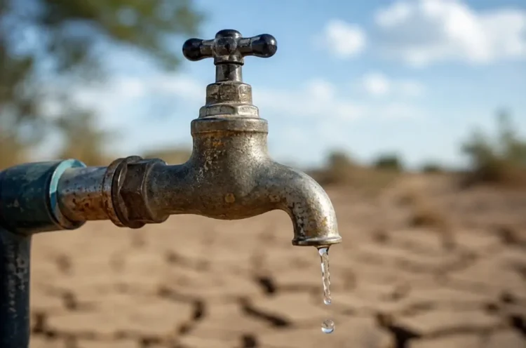 Primo piano di un rubinetto esterno da cui cade una sola goccia d'acqua, con il terreno arido e screpolato sullo sfondo, a rappresentare l'emergenza idrica