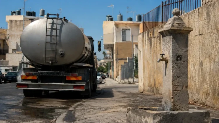 Autobotte in una strada di Vittoria durante l'emergenza idrica, con fontana pubblica e serbatoi sugli edifici.