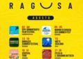 Locandina del calendario degli eventi di agosto 2026 a Ragusa con Sea Summer Fest, Vertical Tour, Birrocco Summer Festival, Donnafugata Film Festival, Notte Siciliana e Festa di San Giovanni Battista.