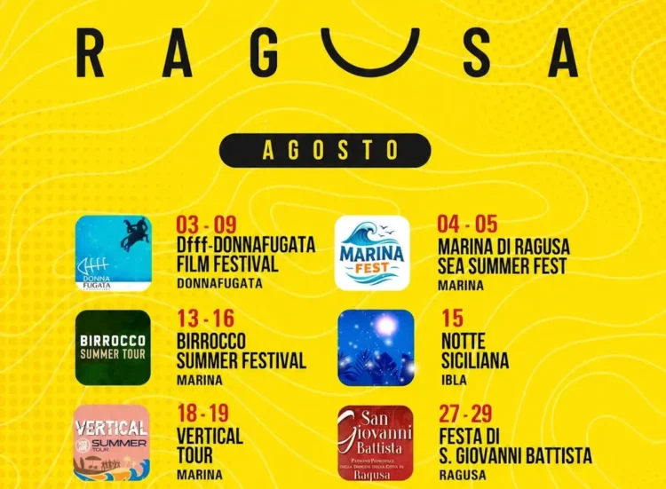 Locandina del calendario degli eventi di agosto 2026 a Ragusa con Sea Summer Fest, Vertical Tour, Birrocco Summer Festival, Donnafugata Film Festival, Notte Siciliana e Festa di San Giovanni Battista.