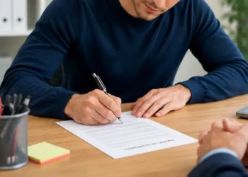 Giovane lavoratore firma un contratto di lavoro durante un colloquio in ufficio, seduto davanti al responsabile delle assunzioni.
